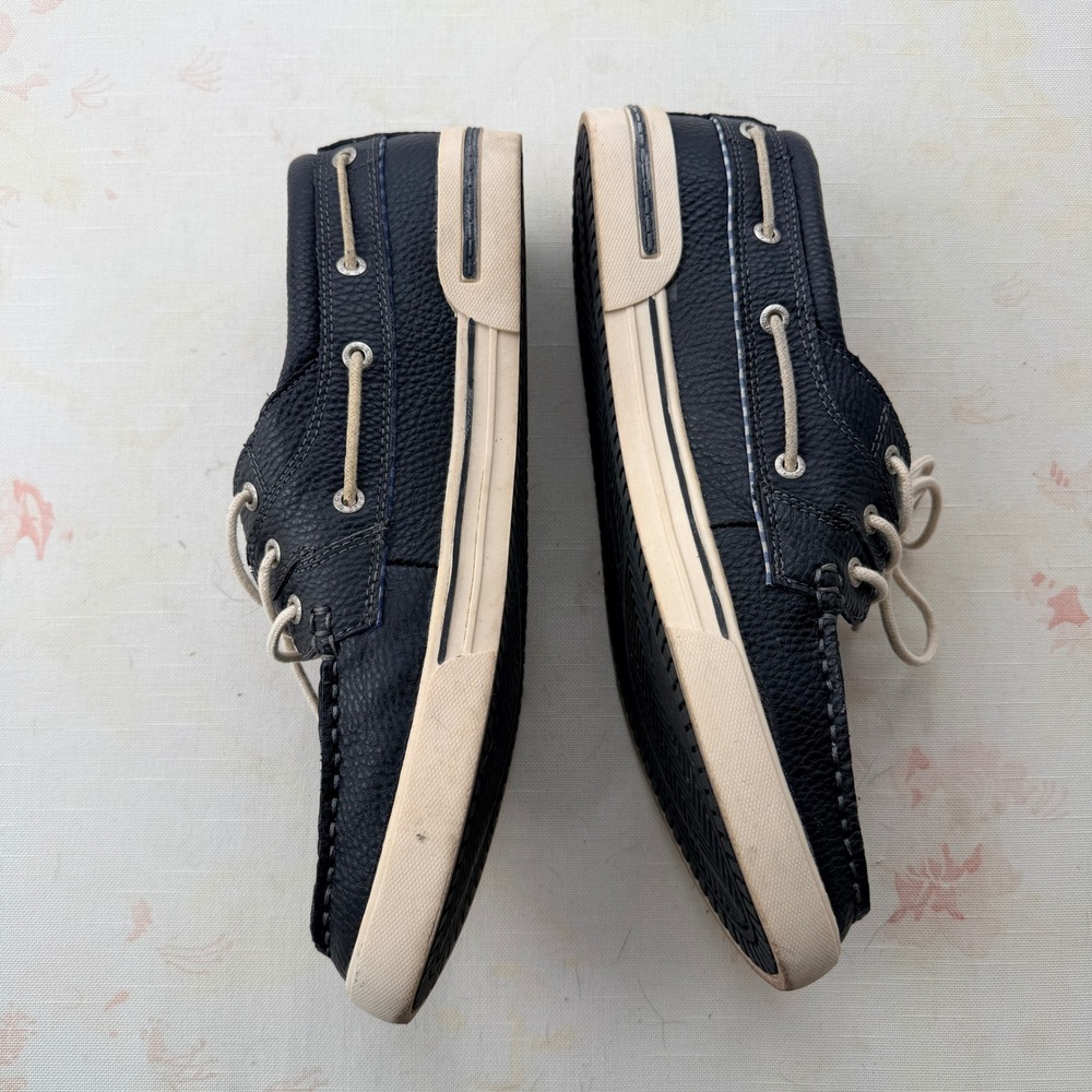 GH Bass & Co Adam Men's Navy Grained Leather Boat Shoes Gingham Lining-Size 11.5 - Picture 4 of 12